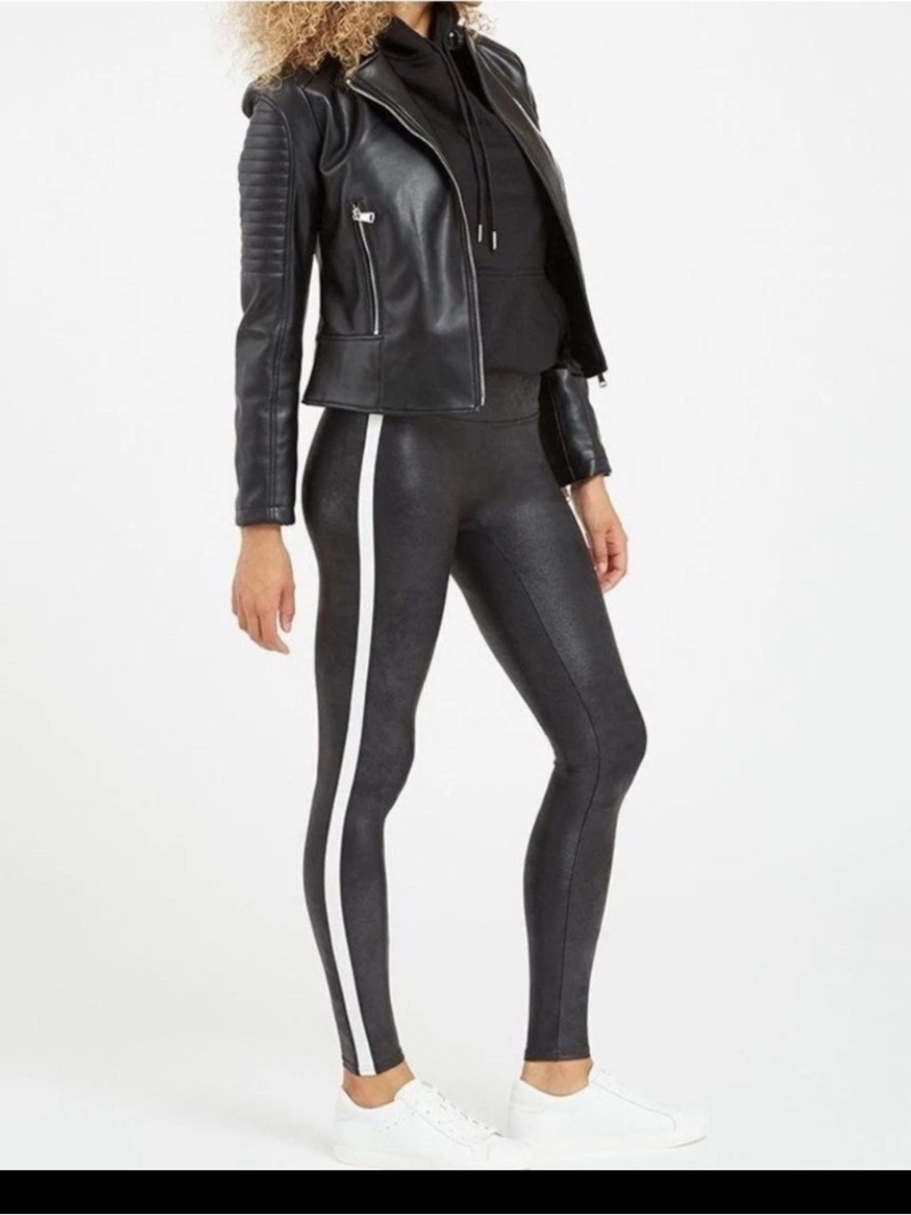 SPANX White Stripe Faux Leather Leggings Black Shiny High Waist
